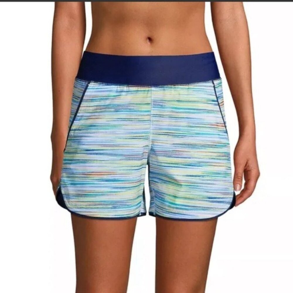 Lands' End Women's Activewear Running Shorts Quick Dry Blue Stripe Size 8